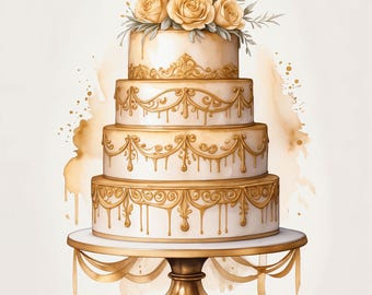 Golden Wedding Cake, 12 High-Res Watercolor JPGs, Commercial License Clipart, POD, Wedding Cards, Invitations, Decors, Paper Arts & Crafts
