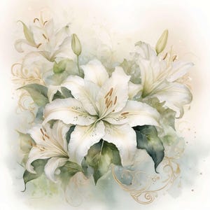 May include: Watercolor painting of white lilies with green leaves and golden accents. The flowers are in full bloom, with detailed petals and visible stamens. The background is a soft blend of white and pale green, creating a delicate and elegant floral design.