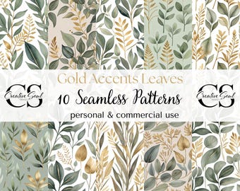 Gold Accents Leaves Seamless Patterns, Botanical Backgrounds, High-Res JPGs, Commercial License ,POD, Decorations,Paper,Textile Arts&Crafts