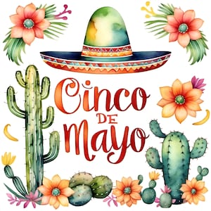Célébration du Cinco de Mayo, 12 fichiers JPG aquarelle haute résolution, clipart sous licence commerciale, POD, cartes, invitations, décorations, enseignes, travaux manuels créatifs