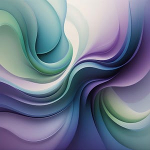 May include: Abstract digital artwork with flowing, layered forms in teal, purple, and green hues. The design has a soft, curved aesthetic, with a gradient effect creating depth and dimension. The artwork evokes a sense of fluidity and movement.