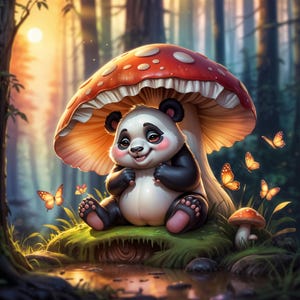Panda com cogumelo, 12 JPGs aquarela de alta resolução, clipart de licença comercial, POD, cartões, decorações, artes e ofícios em papel, diários de lixo