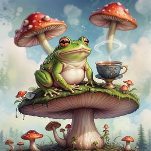 Sapo caprichoso com cogumelo, 12 JPGs aquarela de alta resolução, clipart de licença comercial, POD, cartões, decorações, artes e ofícios em papel, diários de lixo