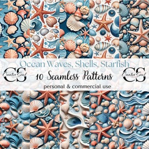 Patrones sin costuras de olas del océano, conchas y estrellas de mar, fondos con encanto costero, archivos JPG de alta resolución, licencia comercial, POD, decoraciones, papel, arte textil.
