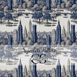 Patrón contemporáneo sin costuras de Toile de Jouy, paisaje urbano de Nueva York, JPG de alta resolución, licencia comercial, impresión bajo demanda, decoración, papel, textiles y manualidades.