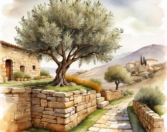 Ulivo rustico e muro in pietra mediterranea, 12 immagini JPG ad acquerello ad alta risoluzione, clipart con licenza commerciale, POD, biglietti, inviti, decorazioni, arte, artigianato