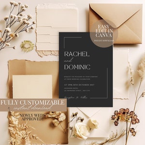 Wedding Invitation Black and white Wedding Invitation White Lettering On Black Wedding Invitation Template Minimalist Invite Modern Editable