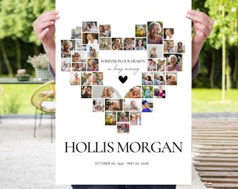 Modello di servizio commemorativo per cartello di benvenuto funebre con collage di foto a forma di cuore, download digitale