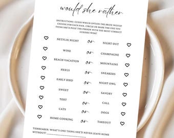 Bridal Shower Game Would She Rather Editable Template Digital Download