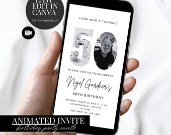 50th Birthday Photo Invitation Elegant Minimalist Electronic Evite Digital Download Canva Template