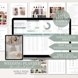 May include: A digital wedding planner bundle with various templates and guides. The image shows a laptop and tablet displaying budget trackers, vendor details, and planning sheets. Text includes "Easy Edit in Canva," "Google Excel Sheet," and "200 Page Wedding Planner."
