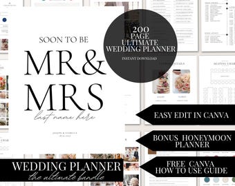 Paquete definitivo de planificador de bodas de 200 páginas con plantilla personalizable de Canva (descarga digital)