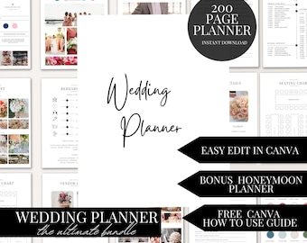 200 Page Wedding Day Information Planner Bundle Canva Template Digital Download