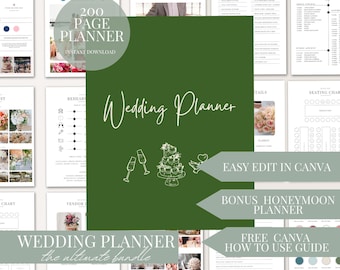 200 Page Wedding Day Information Planner Bundle Canva Template Digital Download