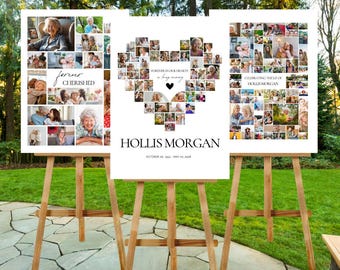 May include: Three white memorial boards on wooden easels. Each board features a collage of photos. The center board has a heart-shaped photo arrangement with the text "Forever in our hearts, a loving memory." The other boards have text that reads "Forever Cherished" and "Celebrating the life of Hollis Morgan."