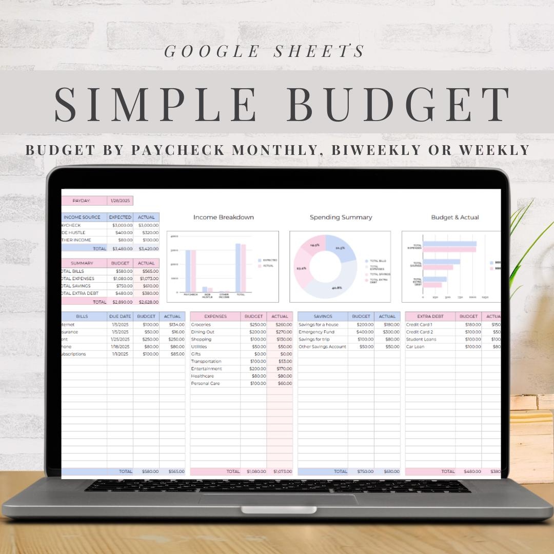 Simple Budget Planner Google Sheet Monthly Weekly Biweekly Digital File ...