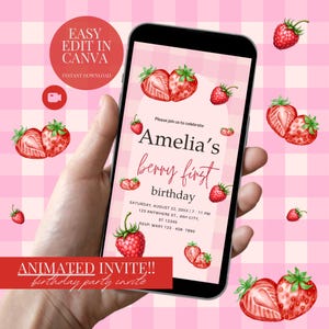 Pink Gingham Berry First Birthday Invitation Template Berry First Birthday Invitation Berry First Birthday Invitation Digital Template Edit