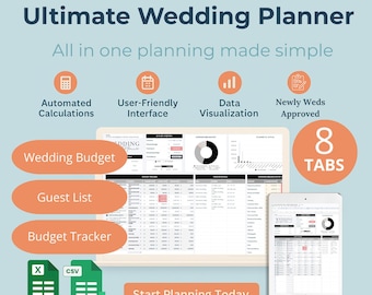 May include: A digital wedding planner displayed on a laptop and tablet, with the text "Ultimate Wedding Planner." Features include automated calculations, a user-friendly interface, data visualization, and 8 tabs. The planner includes sections for wedding budget, guest list, and budget tracker.