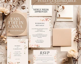Wildflower Wedding Invitation Set Floral Invitation Suite Digital Download