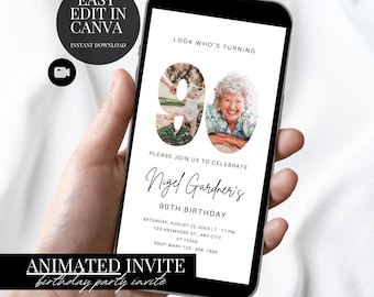 Invitación de cumpleaños número 90: elegante plantilla de foto digital de Evite y Canva.