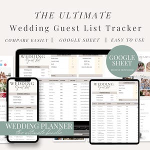 May include: A digital wedding guest list tracker displayed on a tablet, phone, and laptop. The text reads "THE ULTIMATE Wedding Guest List Tracker" and "GOOGLE SHEET." The image also includes the text "WEDDING PLANNER the ultimate bundle."