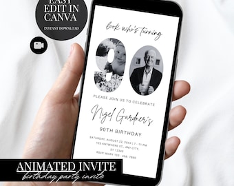 Invitación de cumpleaños número 90: elegante plantilla de foto digital de Evite y Canva.