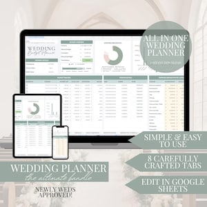 May include: A digital wedding planner with a green and white color scheme. The planner includes a budget tracker, vendor details, and a wedding day schedule. The text on the image reads "All in One Wedding Planner, Instant Download, Simple & Easy to Use, 8 Carefully Crafted Tabs, Edit in Google Sheets".