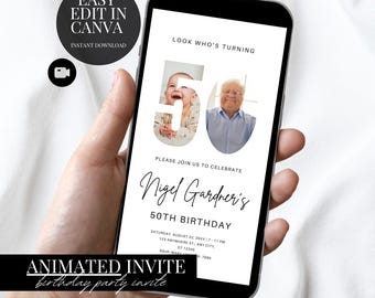 50th Birthday Photo Invitation Elegant Minimalist Electronic Evite Digital Download Canva Template