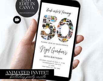 50th Birthday Photo Invitation Elegant Minimalist Digital Evite Canva Template