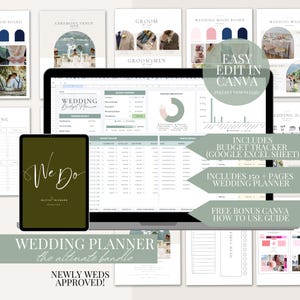 May include: A digital wedding planner with a green and white color scheme. The planner includes a budget tracker, 150+ pages, and a free Canva how-to-use guide. The text "Wedding Planner: The Ultimate Bundle" is displayed on the front cover. The text "Newly Weds Approved!" is displayed below the title.