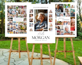 Modello di cartello di benvenuto per funerale, collage fotografico, celebrazione della vita, download digitale modificabile Canva