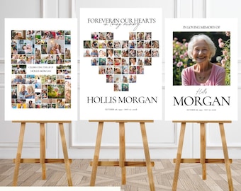 Modello per servizio commemorativo con cartello di benvenuto per funerale con collage di foto a forma di cuore, download digitale, diverse dimensioni disponibili