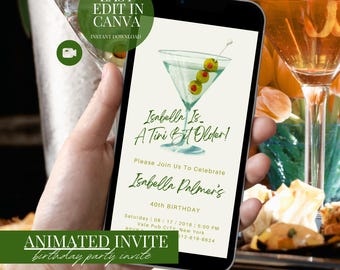 Dirty Martini Birthday Invitation Animated Cocktail Party Evite DIY Template Digital Download