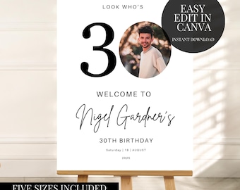 Modello di foto per cartello di benvenuto per il 30° compleanno, poster modificabile Canva Guarda chi ha 30 anni, modificabile