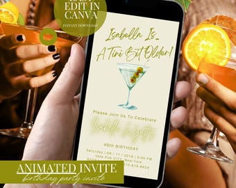 Dirty Martini Birthday Invitation Animated Cocktail Party Evite DIY Template Digital Download