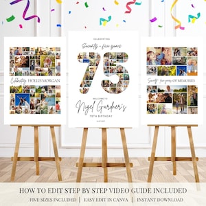 75th Birthday Welcome Sign Set of 3 Photo Collage Poster Editable Canva Template Printable 75th Birthday Sign for Men and Women with Photos