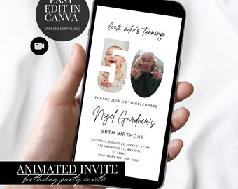 50th Birthday Photo Invitation Elegant Minimalist Electronic Evite Digital Download Canva Template