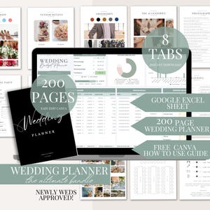 Pacchetto Wedding Planner Canva Google Sheet, budget per matrimoni, tracker per la lista degli invitati, foglio di calcolo Canva Wedding Planner, raccoglitore per il giorno del matrimonio