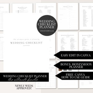 Może przedstawiać: Czarno-biały, drukowany planer listy kontrolnej ślubnej z tekstem "Wedding Checklist Planner" i "The Ultimate Bundle". Planer zawiera listy kontrolne na dzień ślubu, torbę awaryjną, plan tygodniowy, planowanie ślubu i planowanie podróży poślubnej. Zawiera również bezpłatny przewodnik po Canva.