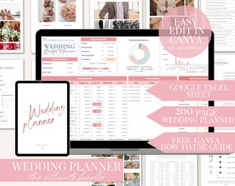 Ultimat bröllopsplanerarpaket Canva och Google Sheet Budget Gästlista Tracker Digital nedladdning