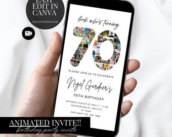 70th Birthday Invitation Minimalist Photo Evite Editable Canva Template Digital Download