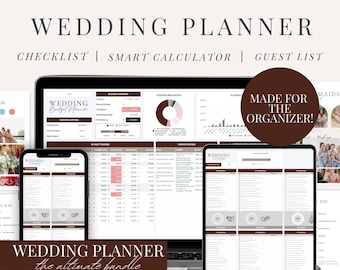 Puede incluir: Un paquete de planificador de bodas digital que se muestra en una tableta, un teléfono y una computadora portátil. Las pantallas muestran listas de verificación, rastreadores de presupuesto y funciones de lista de invitados. El texto incluye "The Ultimate Wedding Planner".