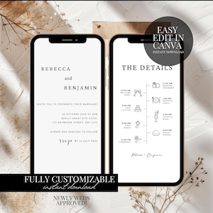 Puede incluir: Una plantilla de invitación de boda con un diseño en blanco y negro. La plantilla incluye los nombres Rebecca y Benjamin, la fecha y la hora de la boda, y una lista de eventos para el día. También se incluye el texto "Easy Edit in Canva" y "Descarga instantánea".