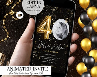 40th Birthday Video Invitation Black Gold Glam Editable Ecard Digital Download