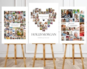 Modello per servizio commemorativo con cartello di benvenuto per funerale con collage di foto a forma di cuore, download digitale, diverse dimensioni disponibili