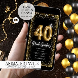 Digital 40th Birthday Party Video Invitation 40th Glam Invite Ecard Animated Black Gold Silver Diamond Evite Self Editable Template eCard