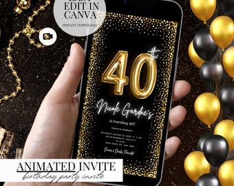 40th Birthday Video Invitation Black Gold Glam Ecard Digital Download