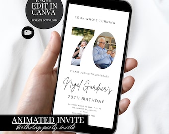 70th Birthday Invitation Minimalist Photo Evite Editable Canva Template Digital Download