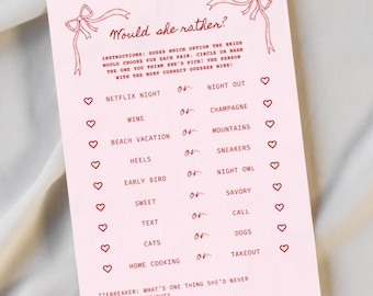 Bachelorette Party Game: Pink & Red 'Would She Rather' Bridal Shower (Canva Editable, Digital Download)