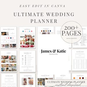 Könnte beinhalten: Eine weiße Hochzeitsplaner-Vorlage mit dem Text "Ultimate Wedding Planner" und "Easy Edit in Canva". Der Planer enthält Seiten für Moodboards, Brautjungfern, Sitzpläne und Lieferantendetails. Er hat über 200 Seiten.